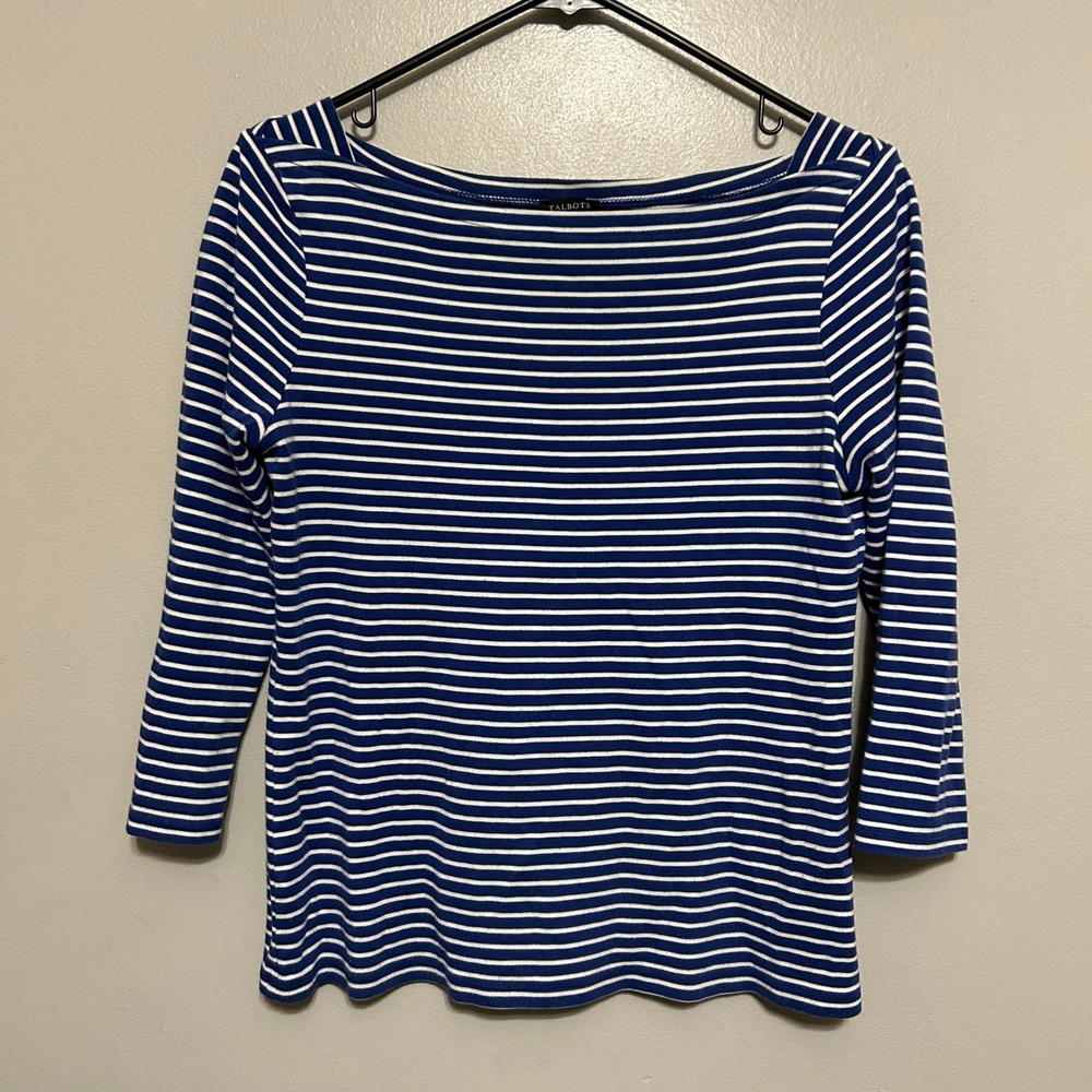 Talbots Blouse M Blue White Pima Cotton Boatneck 3/4 Sleeve Tee Parisian Coastal